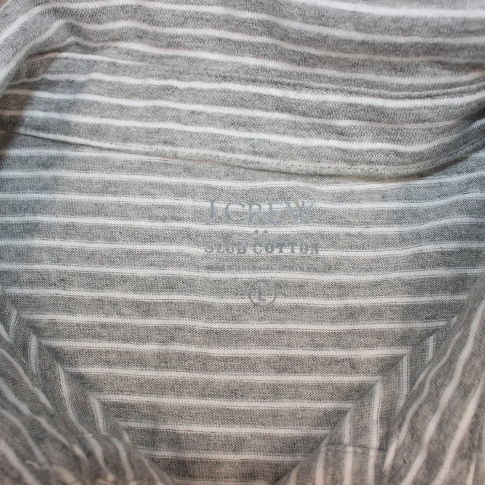 J.Crew Mens Slub Cotton Polo Shirt Grey White Striped Pocket Size L Short Sleeve